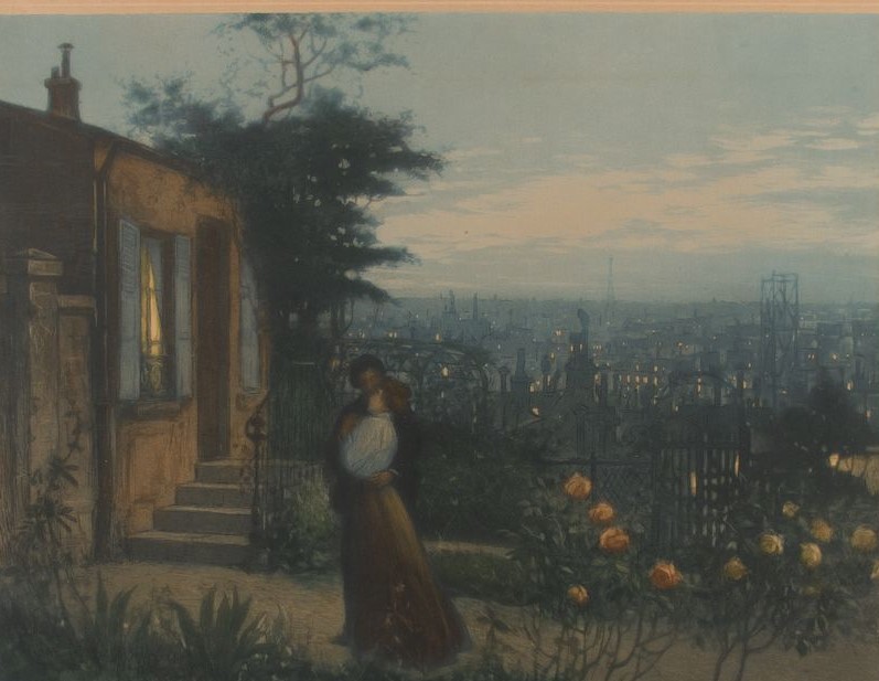 Lionello Balestrieri, Two lovers in the garden in the background of Paris, 1900