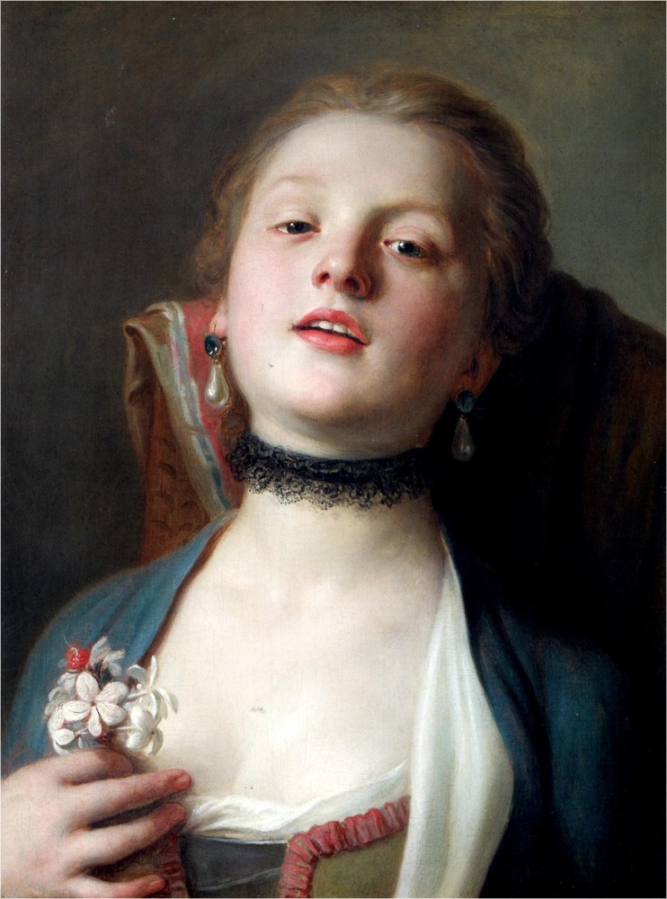 Pietro Antonio Rotari (1707-1762), A girl wearing pearl drop earrings and a black lace choker