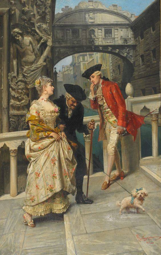 Giacomo Mantegazza, Lovers and chaperone meeting on the Venetian canal, 1900