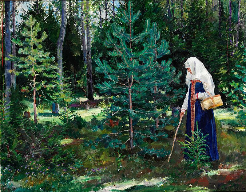Russian Woman In A Folk Costume Looking For Mushrooms In A Pine Forest Vinogradov Sdb
